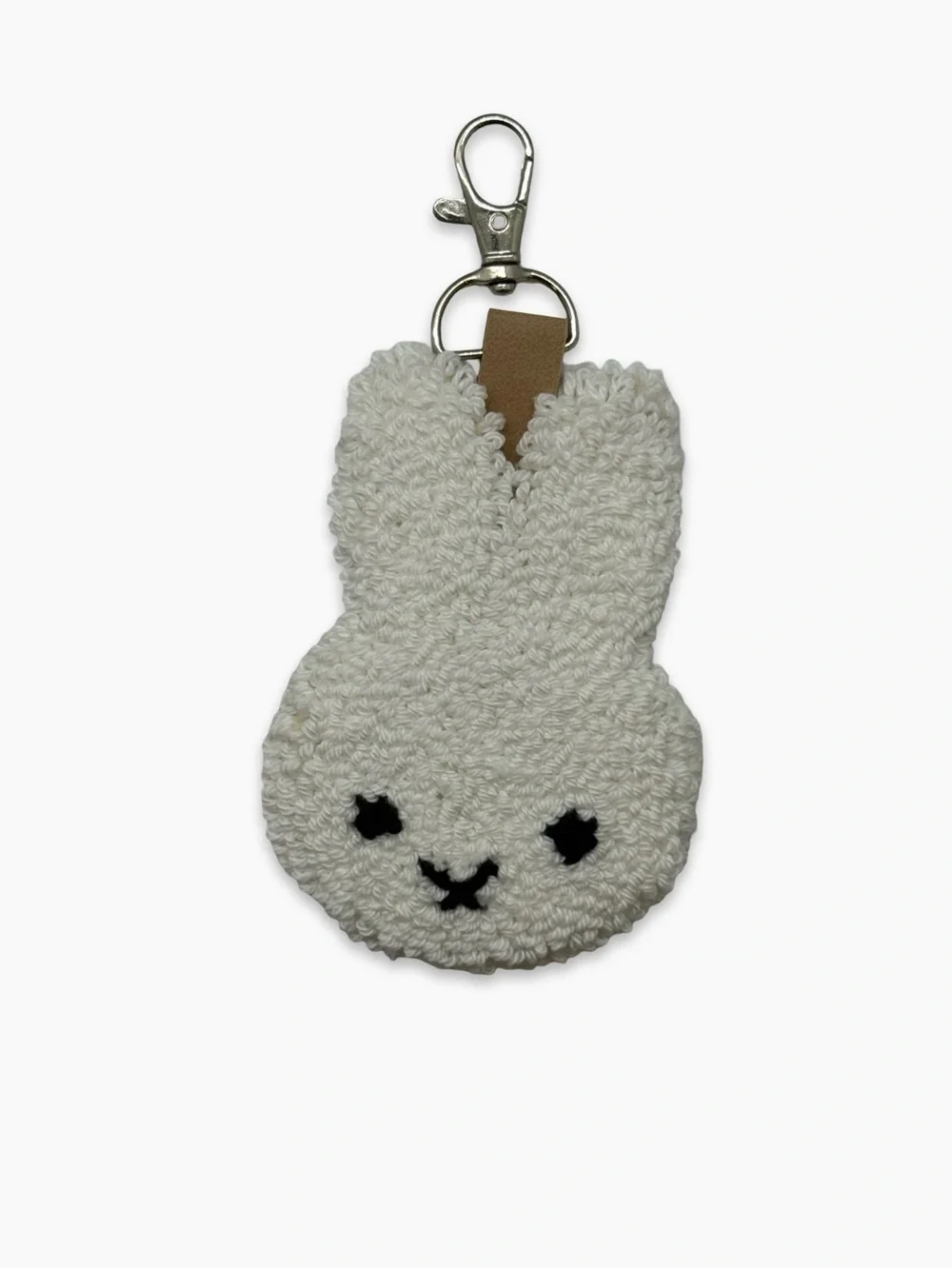 Handmade Punch Needle Tufted Bunny Bag Charm Keychain w/ Mirror - White